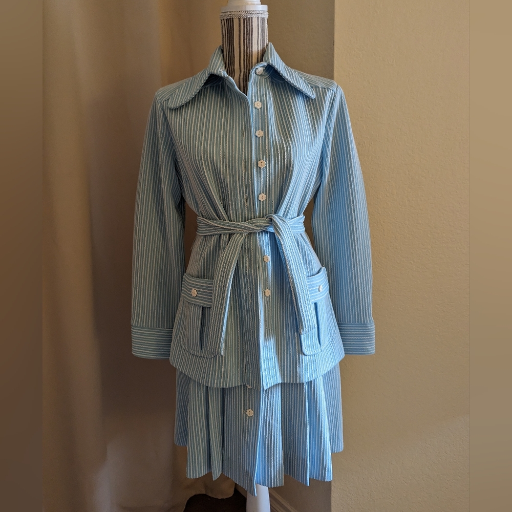Vintage pastel blue pin stripe skirt suit